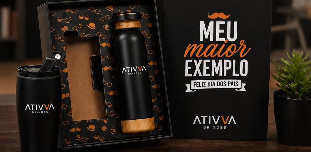 Kit Copo Camada e Garrafa térmica personalizados da Ativva, ao lado de caixa presente com a frase Meu Maior Exemplo